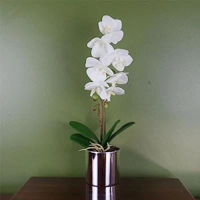 Image of Leaf 46cm Artificial Orchid White with Silver Pot