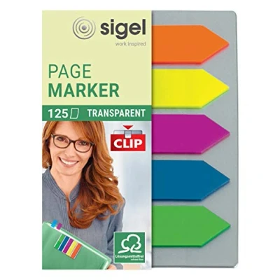 Image of SIGEL HN611 PageMarkers &quot;Arrow&quot; with clip, 5 x 25 sheets, Green/Blue/Pink/Yellow/Orange