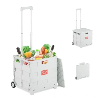 Image of Relaxdays Shopping Trolley, Foldable, Wheels, Lid &amp; Telescopic Handle, up to 35kg, Cart, Basket, White, 99 x 45.5 37 cm