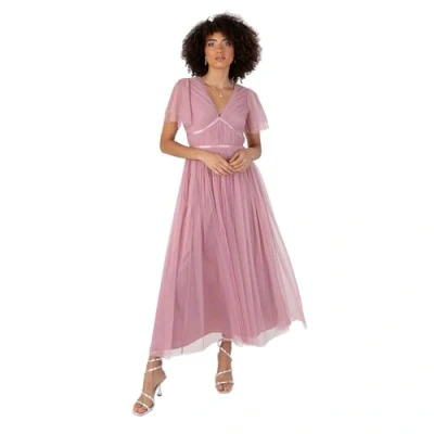Image of Anaya with Love Women&#039;s Ladies Midaxi Dress V Neck Short Flutter Sleeve Ribbon A line Tulle for Bridesmaid Wedding Guest Prom Ball Gown Bridal Rose 12