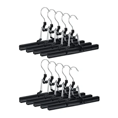 Image of Relaxdays Trouser Hangers Metal Set of 10, 360 Rotating Hook, Secure Close, Skirt Hanger, Rubber Clamps, 26 cm, Black, PVC, Pack