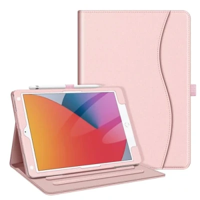 Image of FINTIE Case Compatible with iPad 9th / 8th 7th Generation (2021/2020/2019 Release, 10.2 inch), Corner Protection Multi Angle Viewing Stand Cover w/Pocket &amp; Pencil Holder, Rose Gold