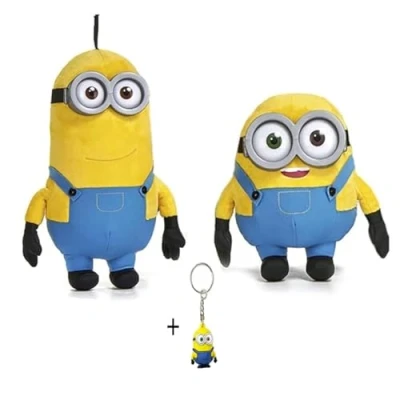 Image of Play by Minions Rise of Gru Plush Toy Premium Cuddly New Selection Bob, Otto, Kevin, Stuart, Dave with PVC Eyes Original Licence (Bob + Kevin 3D Key Pendant, Pack 3)