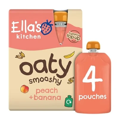 Image of Ella&#039;s Kitchen Organic Oaty Peach &amp; Banana Smoothie Food Pouch Multipack 12+ months 90g 4s