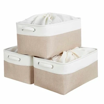 Image of Mangata Jumbo Canvas Storage Box 3 Pack, Fabric Basket with Handles &amp; drawstring for Cupboards, Shelves, Clothes, Toys (Extra Large, Foldable, Light Khaki White)