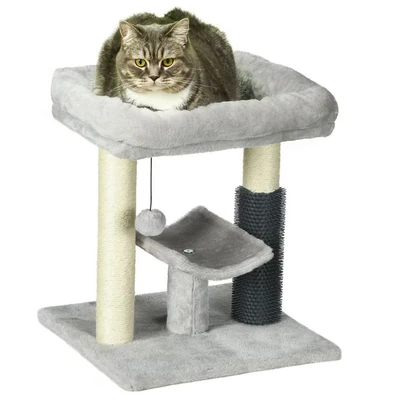 Image of PawHut Small Cat Tree for Indoor Cats, Scratching Post with Bed, Self Groomer, Toy Grey