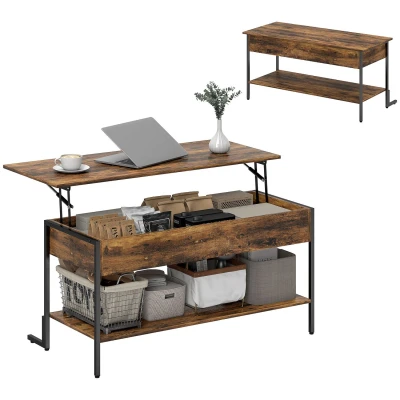 Image of HOMCOM Industrial Lift Top Coffee Table with Storage Shelf Rustic Brown