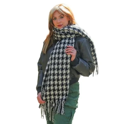 Image of TRIXES Reversible Pashmina Scarf Double Sided Houndstooth &amp; Check Design Soft Touch Long Shawl Blanket Wrap for Cold Winter Weather
