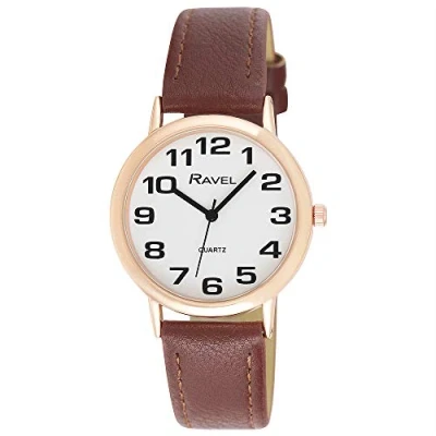 Image of Ravel Unisex Easy Read Watch with Big Numbers Brown/Rose Gold Tone/White Dial