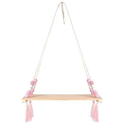 Image of AvoDovA Wooden Floating Shelves for Wall, Hanging Shelves, Plant Shelf, Wood Wall Decor Swing Rope Shelf with Hooks Bedrooms Living Room, Pink,0.8D x 40.5W 10H cm