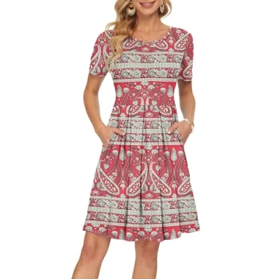 Image of AUSELILY Summer Dresses for Women Short Sleeve Pleated Loose Swing Casual Dress with Pockets Knee Length Boho Floral Red M