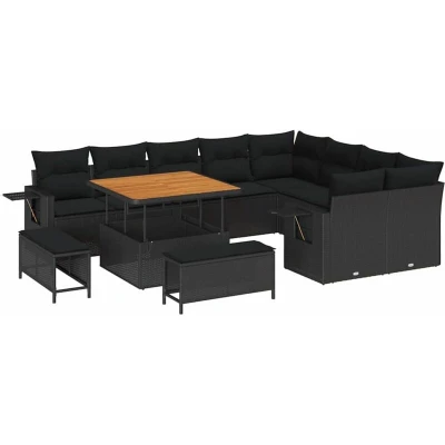 Image of vidaXL 12 Piece Garden Sofa Set with Cushions Black Poly Rattan Acacia