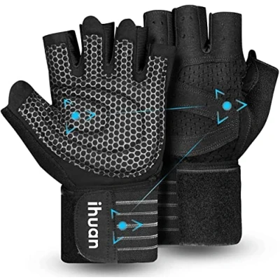 Image of ihuan Ventilated Weight Lifting Gym Workout Gloves with Wrist Wrap Support for Men &amp; Women, Full Palm Protection, Weightlifting, Training, Fitness, Hanging, Pull ups (Medium, Black)