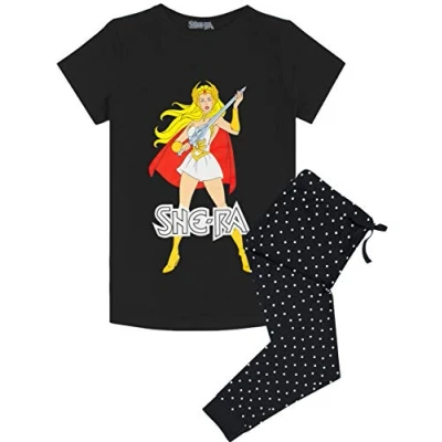 Image of She Ra Pyjamas Womens Princess of Power MOTU Ladies Top &amp; Trousers PJs Set Superhero Black Tee Dotty Long Cuffed Bottoms Gift Small