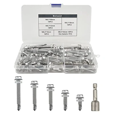 Image of 51pcs M6.3 Stainless Steel Self Tapping Hex Head Screws Full Thread Metal Roofing Drill Bolts External Hexagonal Dovetail Drilling Tail Screws, with Nut Setter, Washers(5 Sizes)