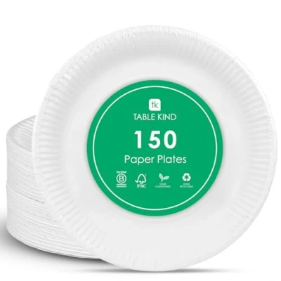Image of TABLE KIND 150 BULK PACK Eco Friendly White Paper Plates for Catering &amp; Everyday Use, Recyclable Round Disposable Dishes Birthday Party Supplies, Home Compostable Made in EU 22CM