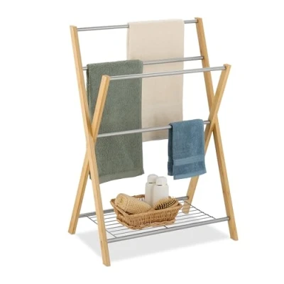 Image of Towel Rack, with 4 Rails and Shelf, 87x60.5x37.5 cm, Bathroom &amp; Shower Airer, Bamboo Iron, Natural/Silver Relaxdays