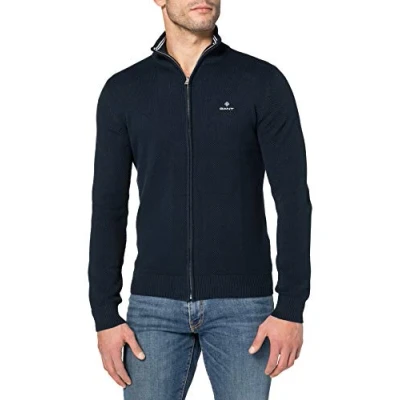 Image of GANT Men&#039;s 8030524 433 XXXL Cotton Pique Zip Cardigan, Evening Blue,