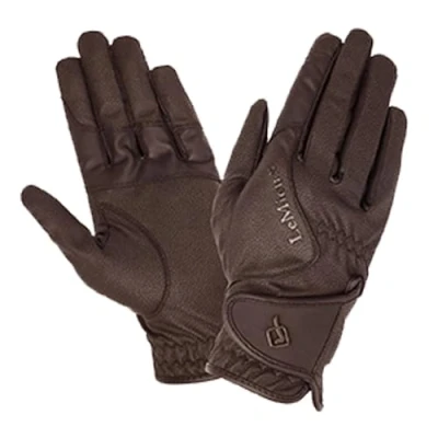 Image of LeMieux Close Contact Glove Breathable Fabric Double Rein Grip Secure Hook &amp; Loop Fastening Textured Branding Brown Medium