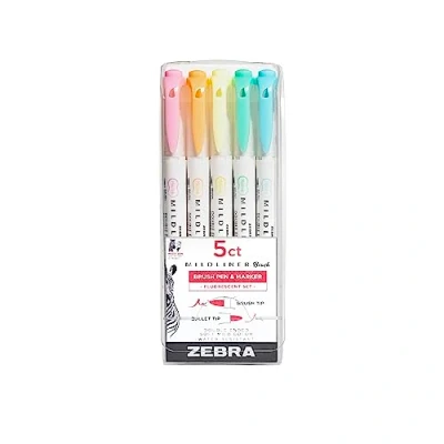 Image of Zebra Mildliner Double Ended Brush Pen &amp; Marker 5/Pkg Fluorescent