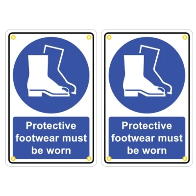 Image of Pack of 2 rigid plastic signs 300mm x 200mm 3mm with rounded corners and eyelets protective footwear must be worn