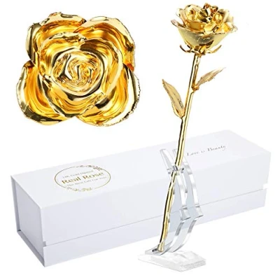 Image of MAXSPT 24K Golden Rose, Gold Dipped Rose Made from Real Best Gifts for her and Great My Wife, with Stand