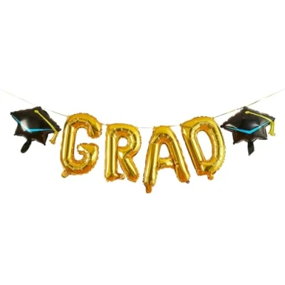 Image of Hootyballoo Gold Grad Foil Balloon Garland with Hats Graduation Party Bunting 16&quot;