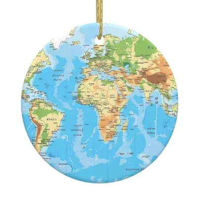 Image of World Map Print Personalised Christmas Bauble, Ceramic Round Hanging Ornament, Tree Decoration For Boyfriend Girlfriend Wife Xmas Gifts