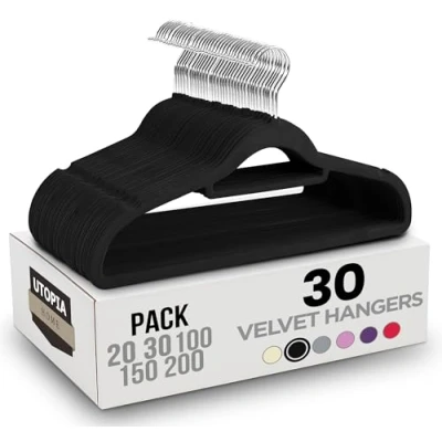 Image of Utopia Home Premium Velvet Hangers 30 Pack Non Slip Clothes with Tie Bar Black Standard 360 Degree Rotatable Hook Heavy Duty Coat