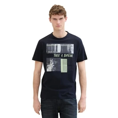 Image of TOM TAILOR Men&#039;s 1041788 Basic T Shirt with Photo Print, 10668 Sky Captain Blue, S