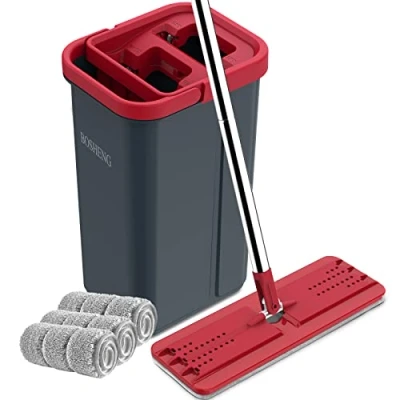 Image of BOSHENG Mop and Bucket with Wringer Set, Hands Free Flat Floor Bucket, 3 Washable Microfiber Pads Included, Wet Dry Use, Home Cleaning System, Black Red