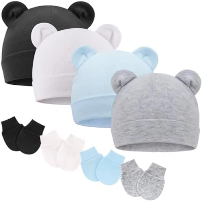 Image of DRESHOW Newborn Baby Beanie Hat and Gloves, Girl Spring Summer Autumn Winter Hats for 0 6 Months Infant Cotton