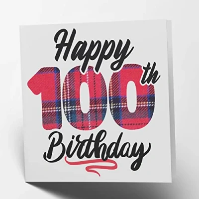 Image of Maturi Happy 100th Birthday Tartan Greetings Card Blank Inside, 15.5 x cm Square