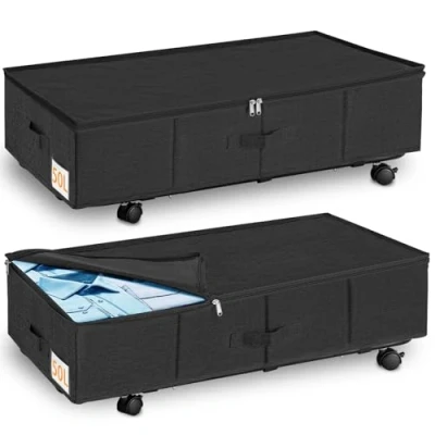 Image of JUPELI Under Bed Storage Organiser, Dust Proof on Wheels &amp; Metal Bottom Support, Sturdy Underbed with Wheels, Large Clothes Box For Clothes, Blanket, Black, 22cm Tall