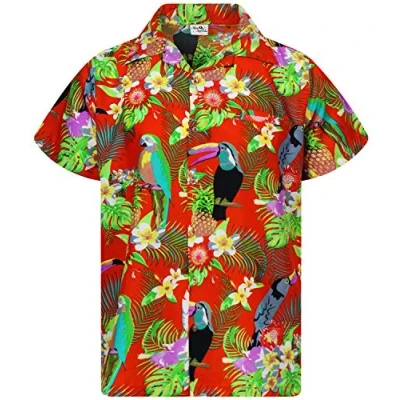 Image of King Kameha Mens Vintage Hawaiian Shirt Casual Short Sleeve Button Down Bird Designs, Parrot Cockatoo, Orange, XXL