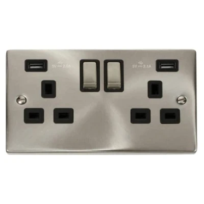 Image of DECORATIVE 13A INGOT 2G SWITCHED SOCKET WITH DUAL USB SLOTS (4.2A) BLACK INSERTS