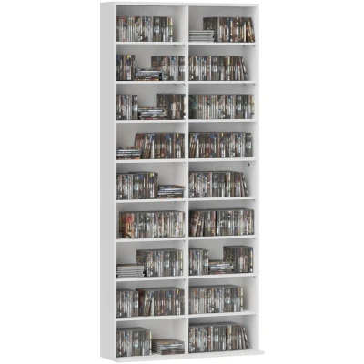 Image of HOMCOM 640 CD/360 DVD Storage Unit, 430 Blu ray Media Shelf with 18 Compartments and 14 Adjustable Shelves, 175 cm Tall CD Tower Bookshelf Bookcase for Living Room, Office, White