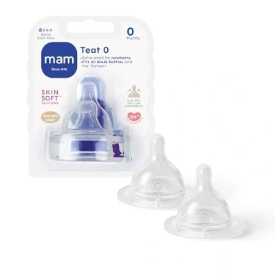 Image of MAM Extra Slow Flow Teats Size 0, Suitable for Newborns, SkinSoft Silicone Baby Bottles, Fits all Feeding Essentials, Pack of 2