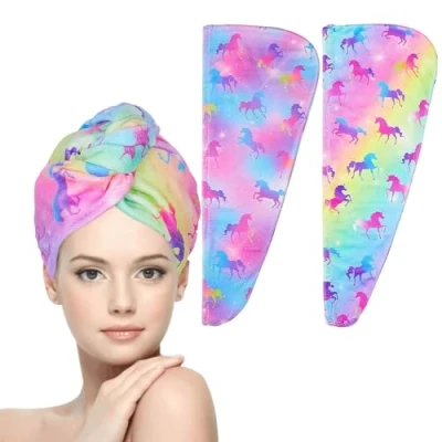 Image of WUBAYI 2Pack Hair Drying Towels Microfibre Quick Uper Absorbent Towel With Button. Designed For Wet Wraps, Women&#039;s &amp; Girls&#039; Wraps(Rainbow Unicorn)