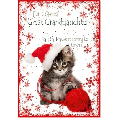 Image of doodlecards Great Granddaughter Christmas Card Cute Santa Paws Kitten Cat Pet Medium Size for with Plain Envelope