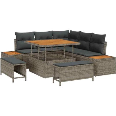 Image of vidaXL 8 Piece Garden Sofa Set with Cushions Grey Poly Rattan Acacia