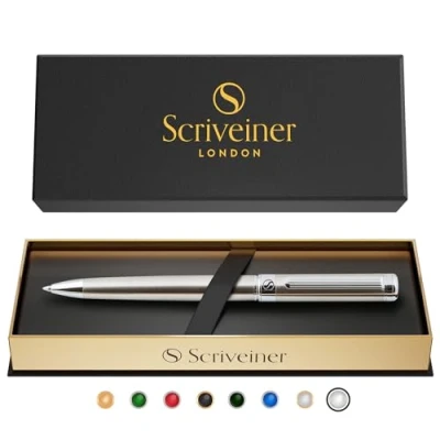 Image of Scriveiner Ballpoint Pen London Stunning with 24K Gold Finish, Schmidt Black Refill, Best Ball Gift Set for Men &amp; Women ( Stainless Steel Chrome)