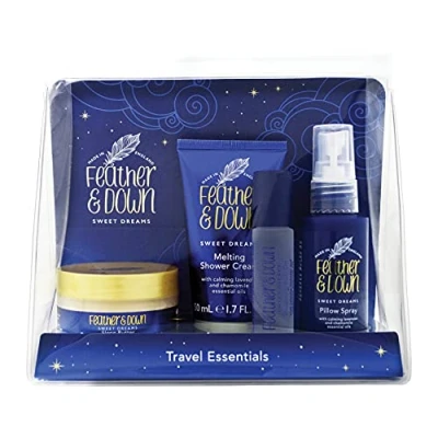 Image of Feather &amp; Down Travel Essentials Gift Set (Pillow Spray, Melting Shower Cream, Sleep Butter Relaxing Roll On) Infused with Lavender Chamomile Essential Oils. Vegan Friendly Cruelty Free.