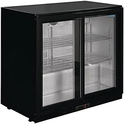 Image of Polar Refrigeration G Series 230W Back Bar Cooler Display Fridge 208 Litre, Sliding Doors, Black, 2C to 8C, 900(H)x900(W)x520(D)mm, 4 Shelves, Lockable Self Closing Energy Rating D GL003