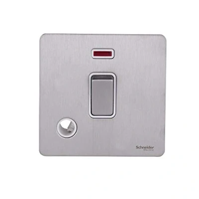 Image of Schneider Electric Ultimate Screwless Flat Plate Single Light Switch, Double Pole, 20AX, with Neon Indicator and Flex Outlet, GU2414WSS, Stainless Steel White Insert