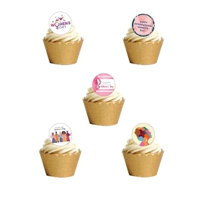 Image of 24 Pre cut OT International Women&#039;s Day Celebration Themed Edible Wafer Paper Cake Toppers Decorations