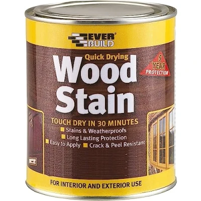 Image of Everbuild Satin Wood Stain Indoor And Outdoor Use Weatherproof UV Resistant Quick Drying Solvent Free Teak 250ml