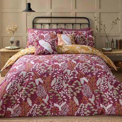 Image of Dreams &amp; Drapes Red Mauve Woodland Owl Duvet Cover Double Bedding Size (200 x 200cm) Reversible Design (2 Colours) Soft 100% Brushed Cotton with Owls Autumn Floral