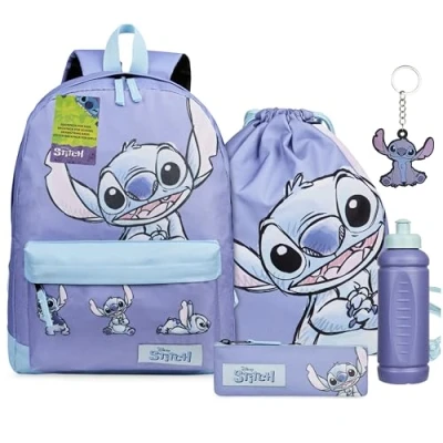 Image of Disney Stitch Backpack School Supplies Set 5 Pieces with Rucksack Swimming Bag Pencil Case Water Bottle and Keyring Back to Gifts