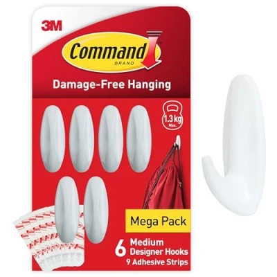 Image of Command Medium Designer Hooks, White Pack of 6 Hooks and 9 Adhesive Strips Damage Free Hanging Holds up to 1.3kg